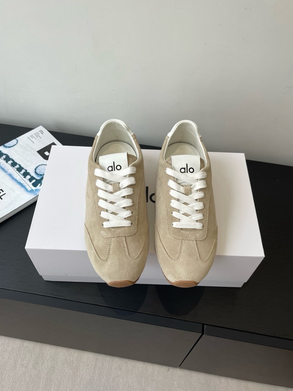 ALO Yoga Men’s Beige Suede Sneakers with White Laces